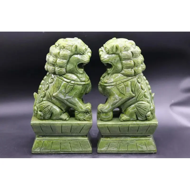 1 Pair China Green Jade Carved Fengshui Foo Fu Dog Guard Door Lion Office Decor