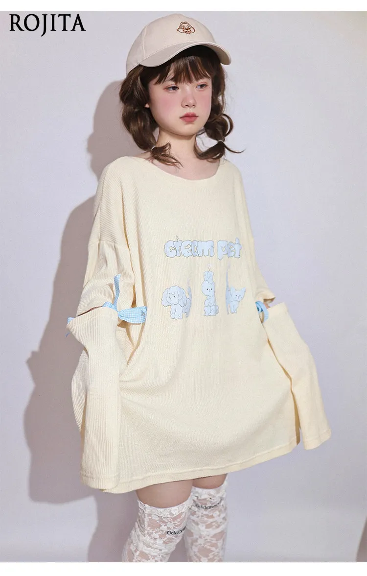 Kawaii Bow Tie Cut Out Sleeve Top Loose and Cute Front and Back Two Wear Waffle Splicing Long-sleeved T-shirt Top Female