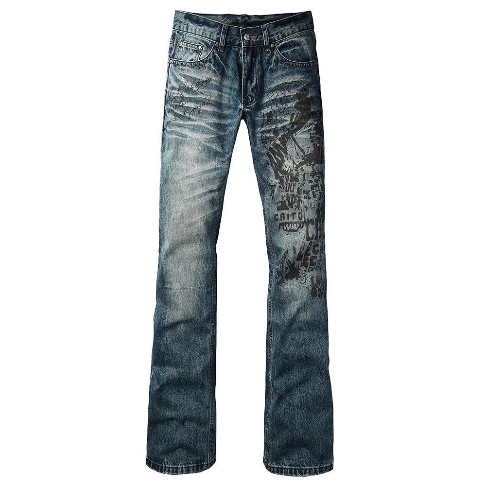 Men's Boot Cut Denim Jeans Slim Flared Pants Blue Stretch Long Trousers High-Quality Pattern Print