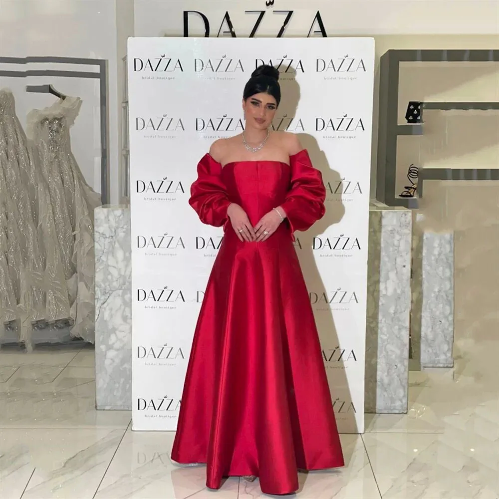 

Bow On Back A-line Evening Dress Red Satin Off Shoulder Party Dress 2024 Puffy Floor Lenght Satin فساتين مناسبة رسميةCL-477