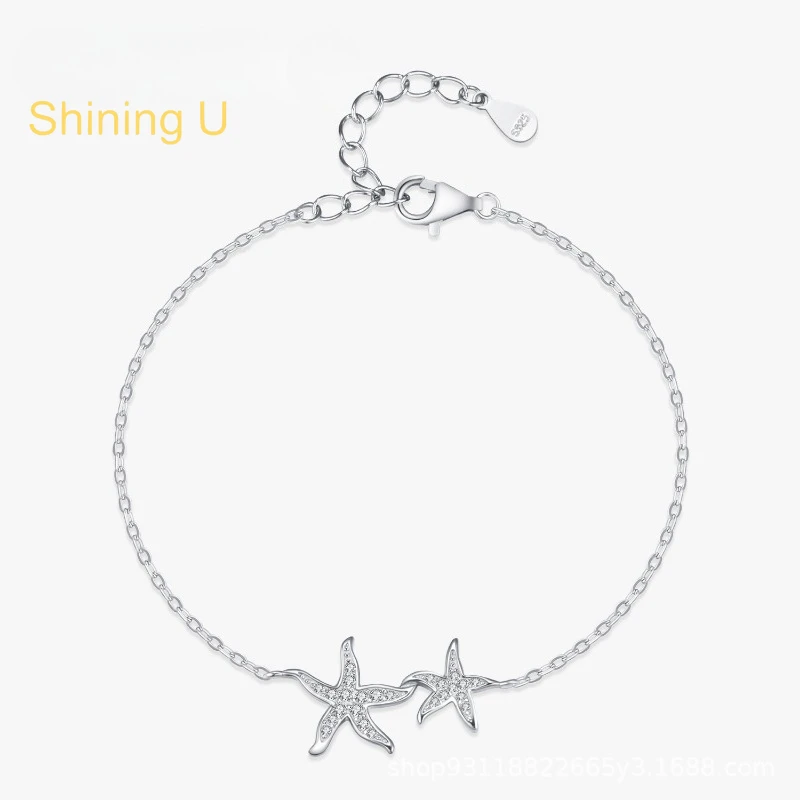 

Shining U 925 Sterling Silver Double Starfish Bracelet Earrings for Women Fine Jewelry Summer