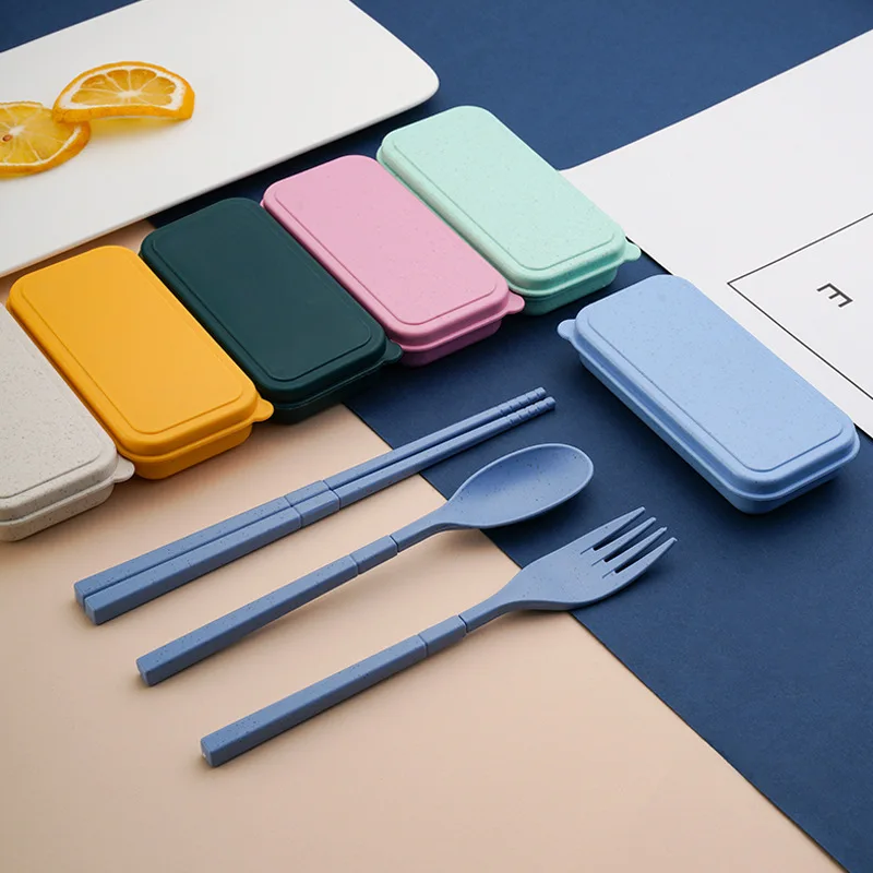 4PC/Set Portable Folding Tableware Wheat Straw Removable Outdoor Knife Fork Spoon Chopsticks Tableware Four Piece Set Gift Box