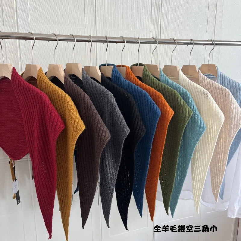

Korean Retro 100%Wool Knitted Triangle Scarf Female Trendy Warm Women's Shawl Women Autumn Winter Female Versatile Shawl Ladies