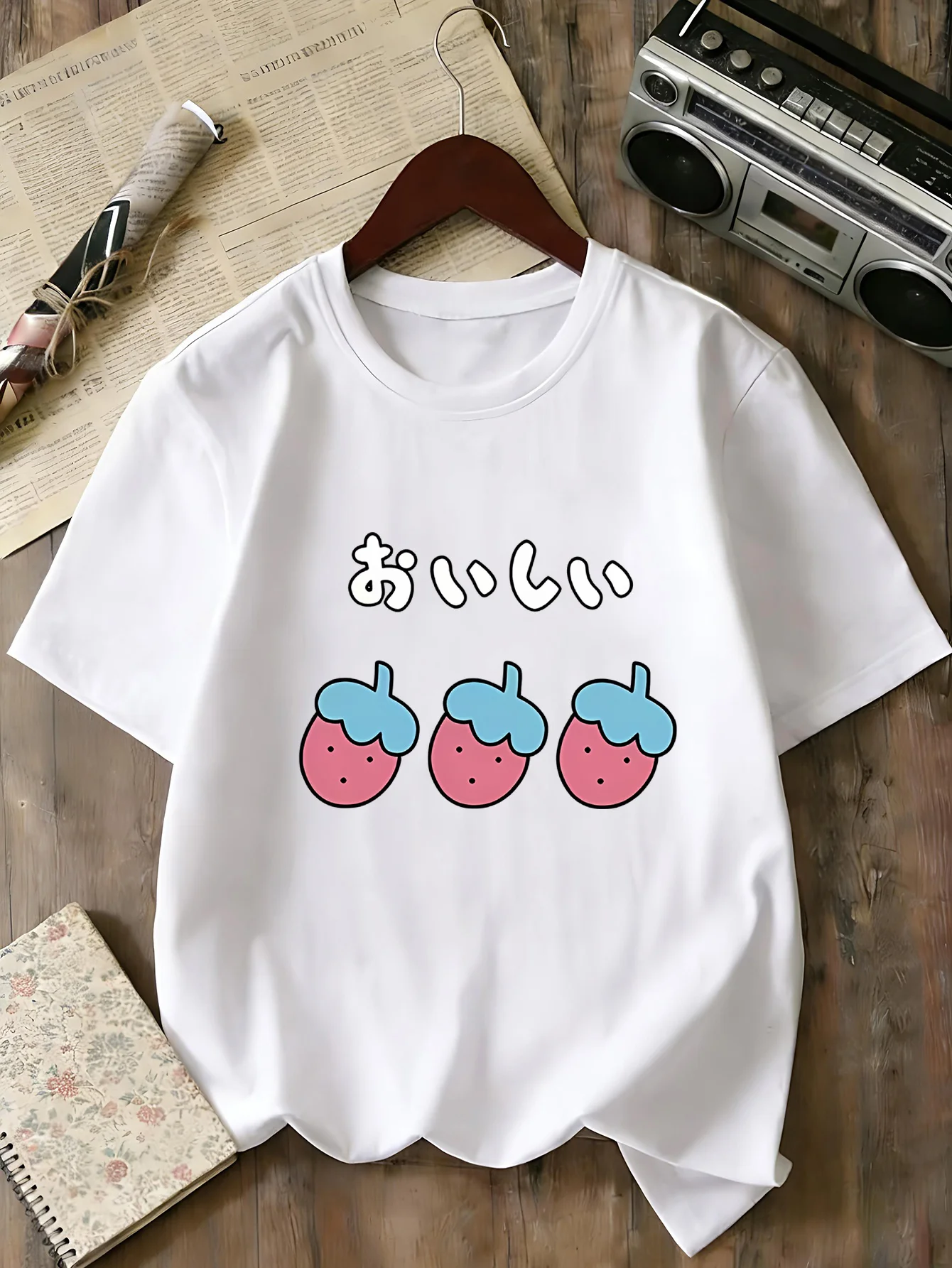 Kids Family Matching T Shirt Kawaii Strawberries Japanese Text Print Short Sleeve Cotton Tops For Boys Girls Daily Casual Outfit