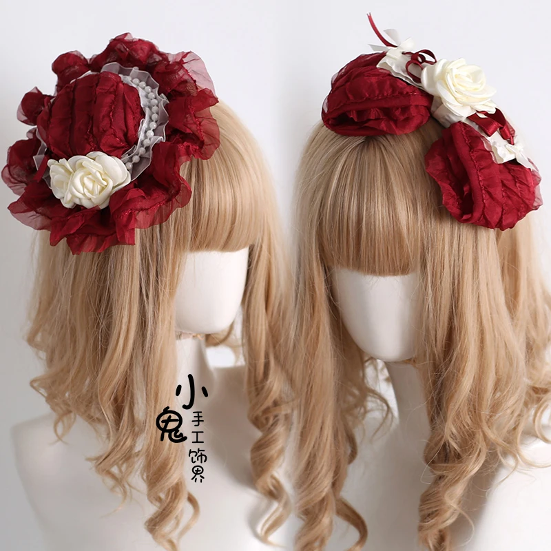 

Оригинальный бордовый весенний кружевной торт, цилиндр, заколка для волос с милым жемчужным бантом, повязка на голову KC, аксессуары для волос для женщин