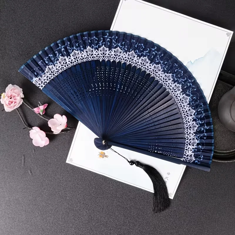 Customized Hollow-Out Women's Premium Fan, Portable Folding Fan for Hanfu, Small and Exquisite Fan in Ancient and Modern Chinese Style, Customizable with Laser Engraving, Traditional Chinese Lace Hand Fan, Handheld Folding Fan, Japanese Bamboo Craft Fan, Retro Cultural Gift, Personal Pocket Fan