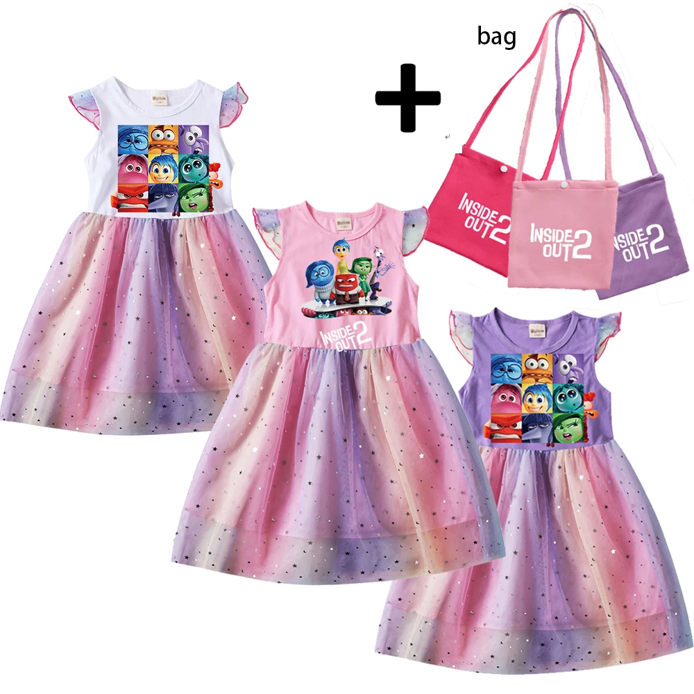 Summer Inside Out 2 Joy Costume Kids Cartoon Joy Short Sleeve Dress+bag Funny Clothes Toddler Girls Birthday Party Casual Dress