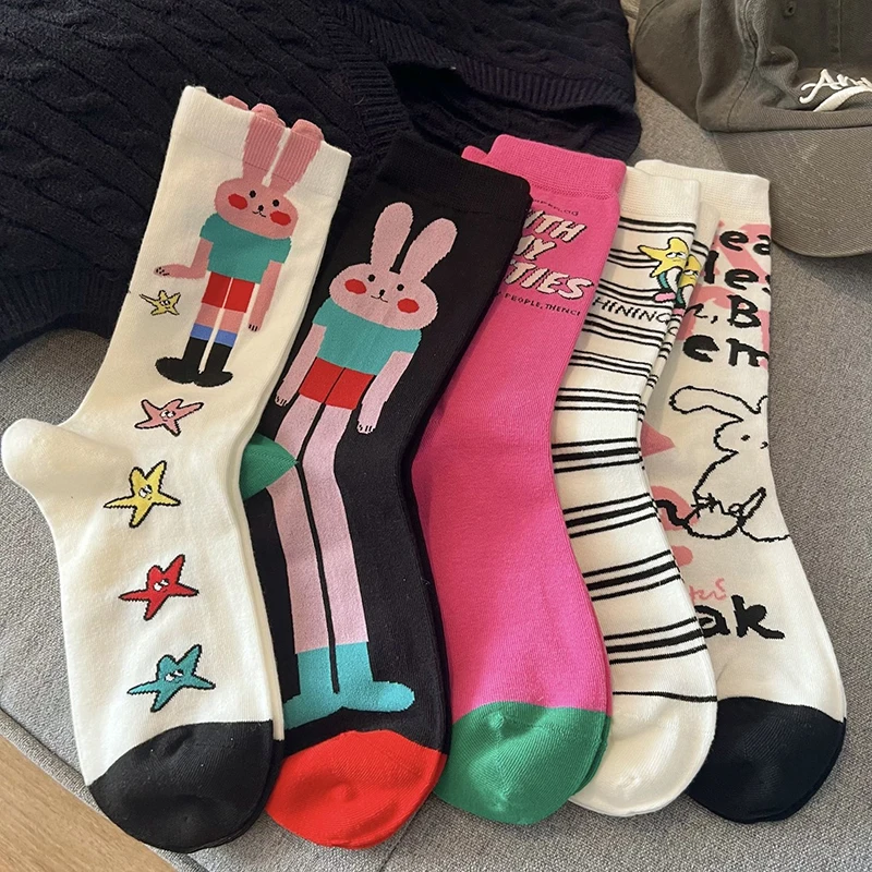 

Women Socks Mid-tube Female Graffiti Illustration Stripe Cute Kawaii Harajuku Cartoon Rabbit Animal Breathable Cotton Socks