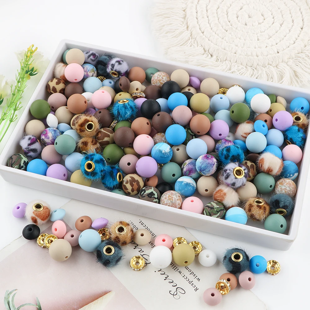 Sunrony 50pcs/Bag Plush Fur Covered Ball Leopard print Beads Round Lentil Beads Sets For Jewelry Making DIY Earrings Bracelet