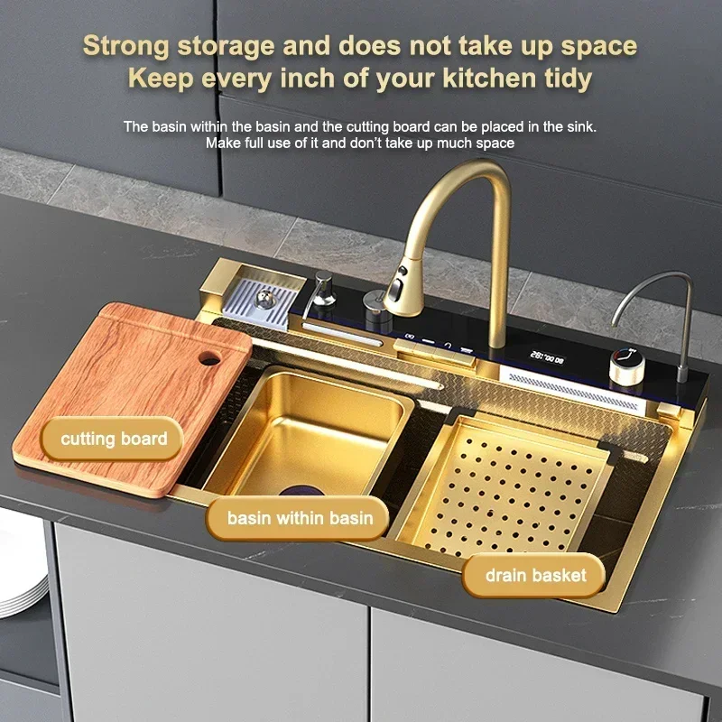 Factory Direct 2026 Practical Golden Double Waterfall Sink Stainless Steel Kitchen Sink Embossed Large Single Slot Wash