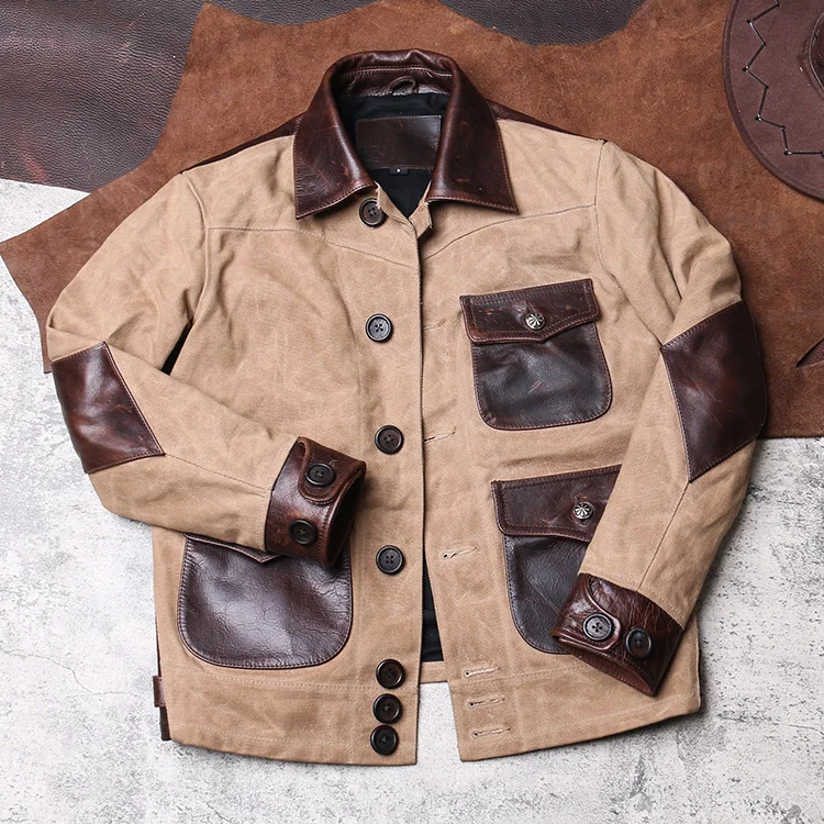 mens Free genuine shipping.classic leather Jacket,Us vintage Heavy wax canvas jacket,stitching cowhide.thick hard sales