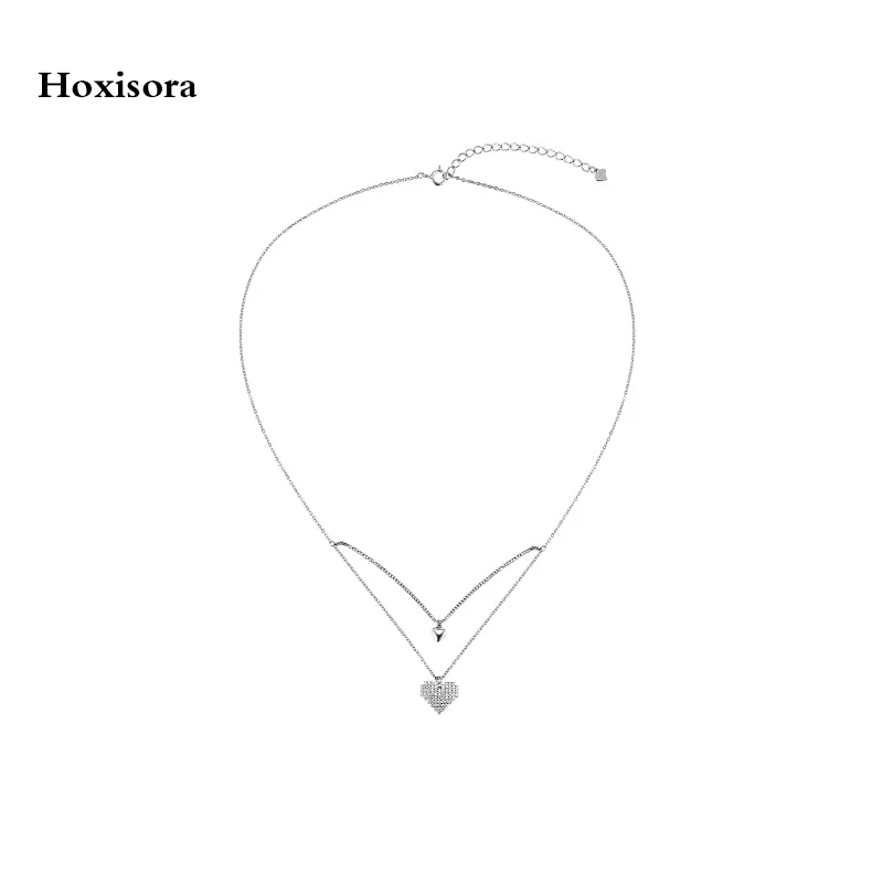 

Hoxisora New Double Heart Pendant Necklace S925 Silver Full Diamond Collar Chain Dinner Party Anniversary Day