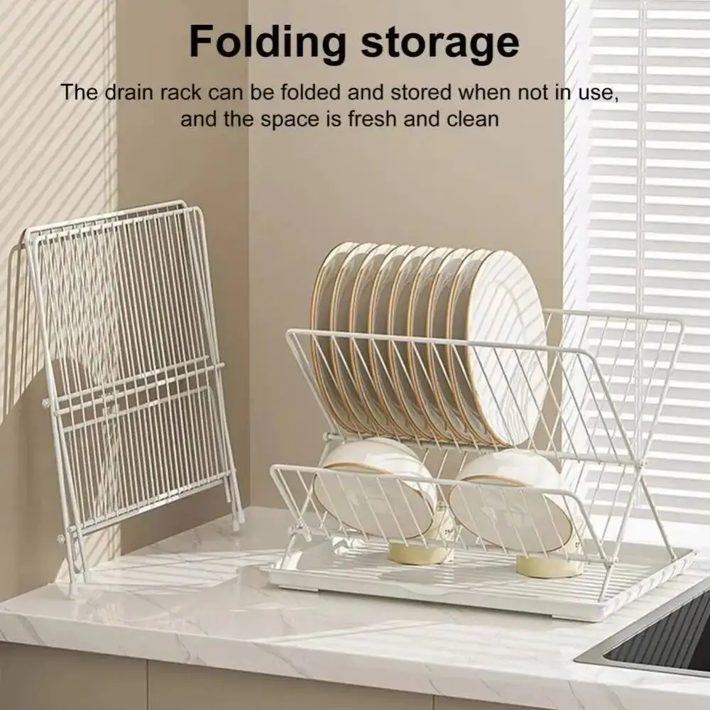 

X-Shape Foldable Rack Non-Slip Space-Saving Countertop Dish Drainer Water Catcher Tray 2 Tier Plate Drying Shelf