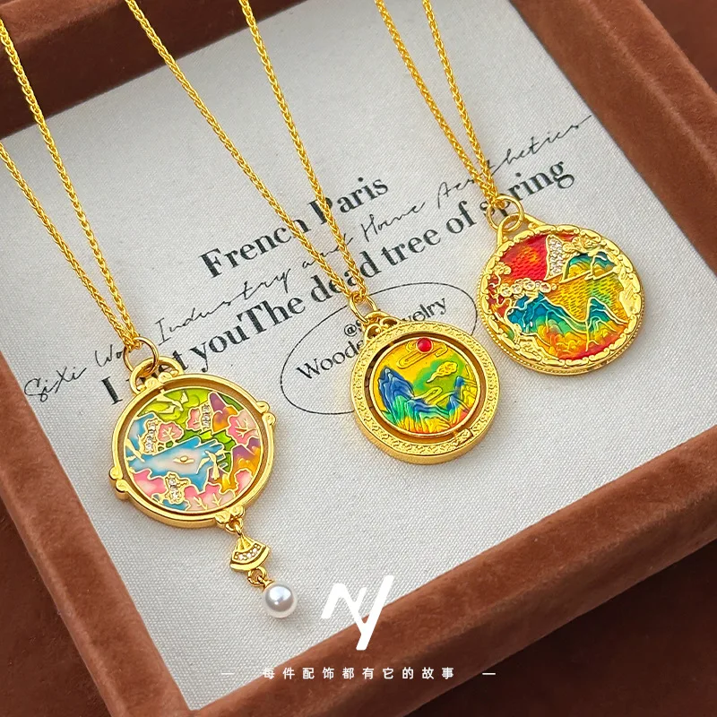 

Luxurious Women's Enamel Rotating Peach Forest Thousands of Miles of Rivers and Mountains Pendant 9999 24K Real Gold Necklace