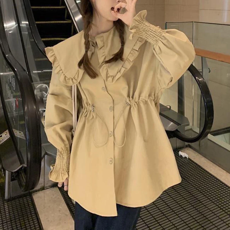 Sweet Loose Shirt Women Autumn Ruffles Peter Pan Collar Fashion Blouse Fall Drawstring Cinched Waist Folds Long Sleeve Chic Tops