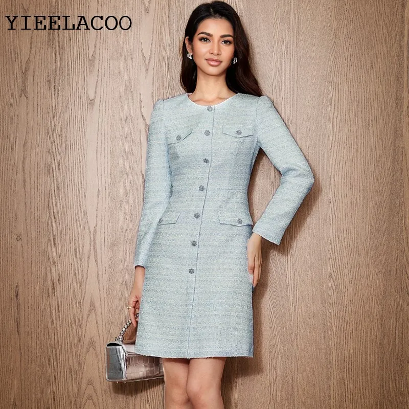 Blue Tweed Dress  2026 spring / autumn women's dress Leisure vacation one-piece  Ladies Classic bottoming dress