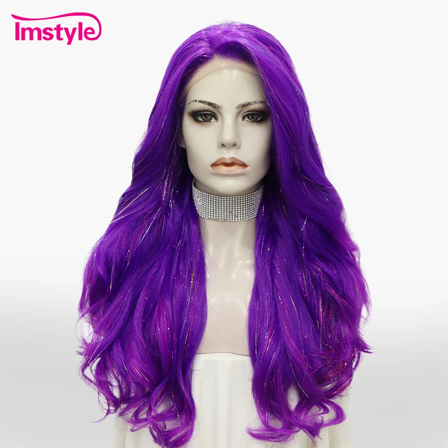 Imstyle Tinsel Wig Purplr Synthetic Lace Front Wig Long Wavy Glitter Hair Wigs For Women Cosplay Party