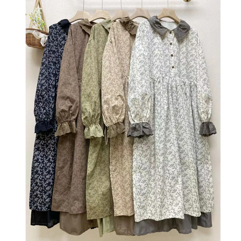 Johnature Mori Women Sweet Floral Dresses For Women 2025 New Loose Cotton Linen Turn-collar Collar Patchwork Casual Dresses