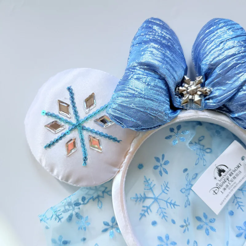 Disney Frozen Elsa Minnie Ears Headband, Blue Bow with Snowflake Tulle Veil, Ideal for Disneyland Trips & Cosplay view 3