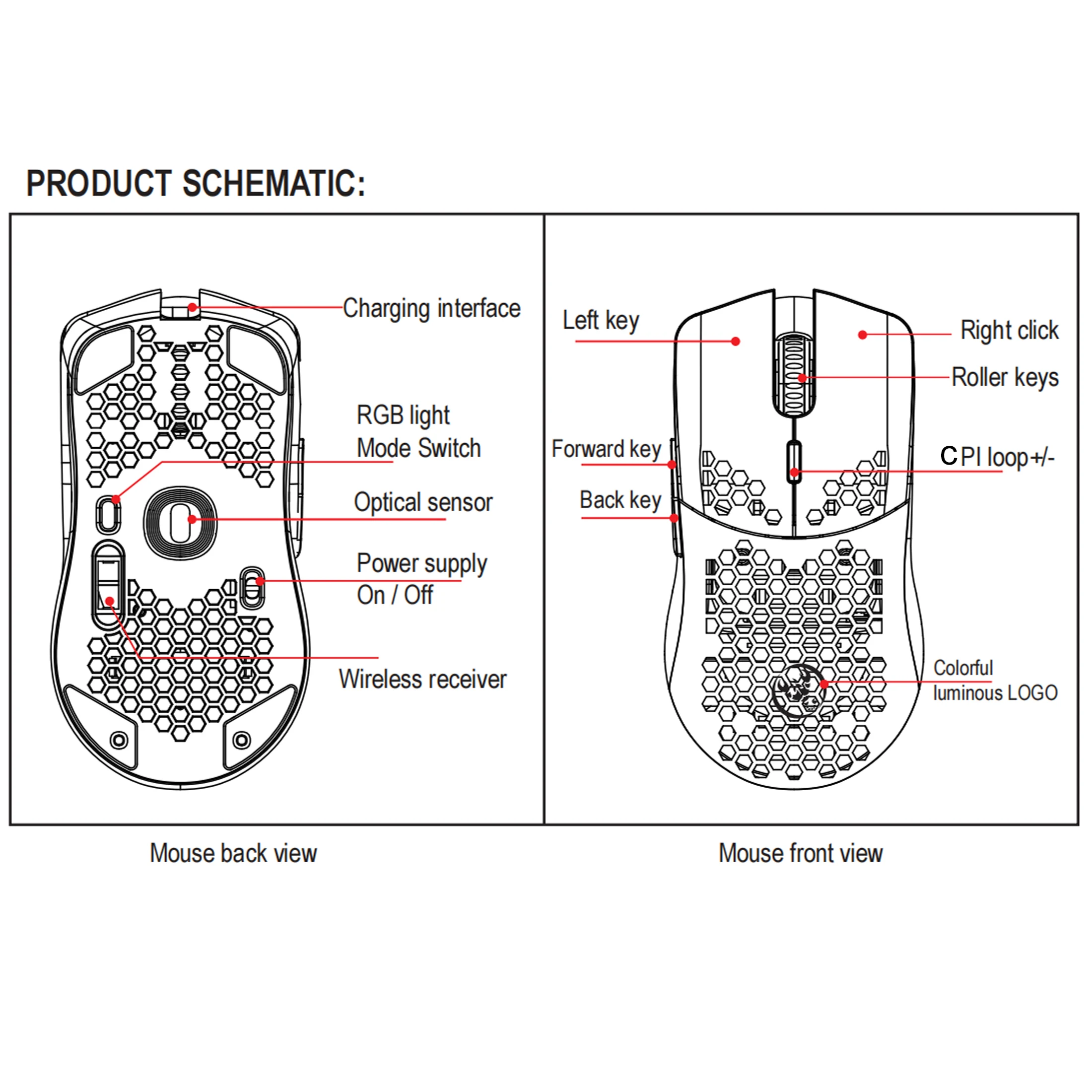 무선 게이밍 마우스, RGB 조명, 충전식 배터리, 허니콤 디자인, 2.4G USB 플러그 앤 플레이, 오른손잡이용