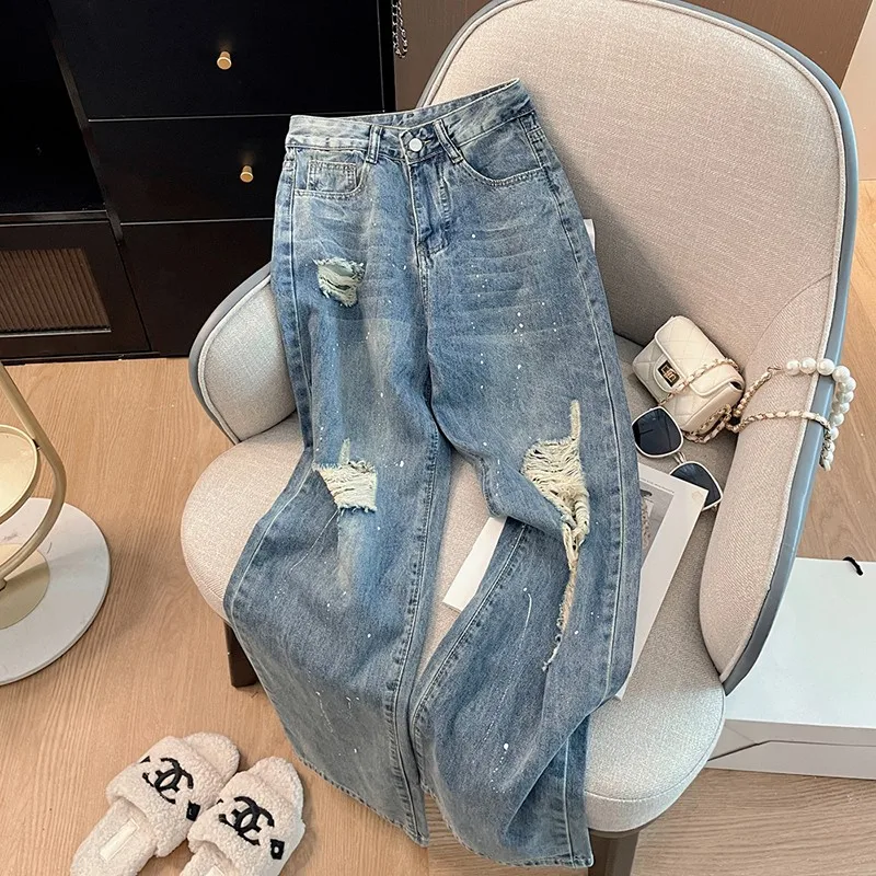 2024 Spring Korea Fashion Women High Waist Cotton Denim Wide Leg Pants  All-matched Casual Vintage Hole Design Loose Jeans P560