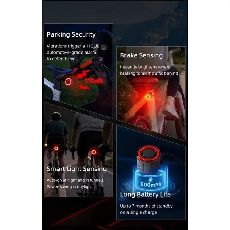 A06F-Smart Light Sensing Bike Tail Light Alarm Light, Find Your Bike In A Crowd One-Press 'Wake-Up', 110Db Alarm