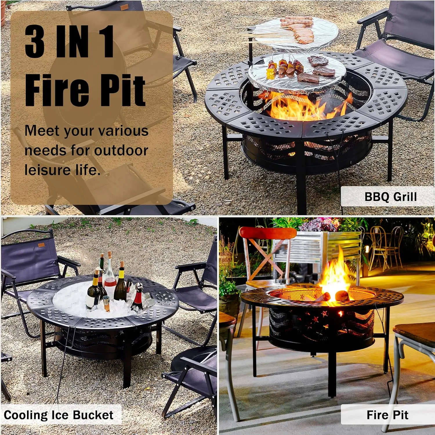 Steel Fire Pit Outdoor Garden BBQ for 3-5 People Powder Coated Finish Meat Cooking Wood Burning Camp Stove