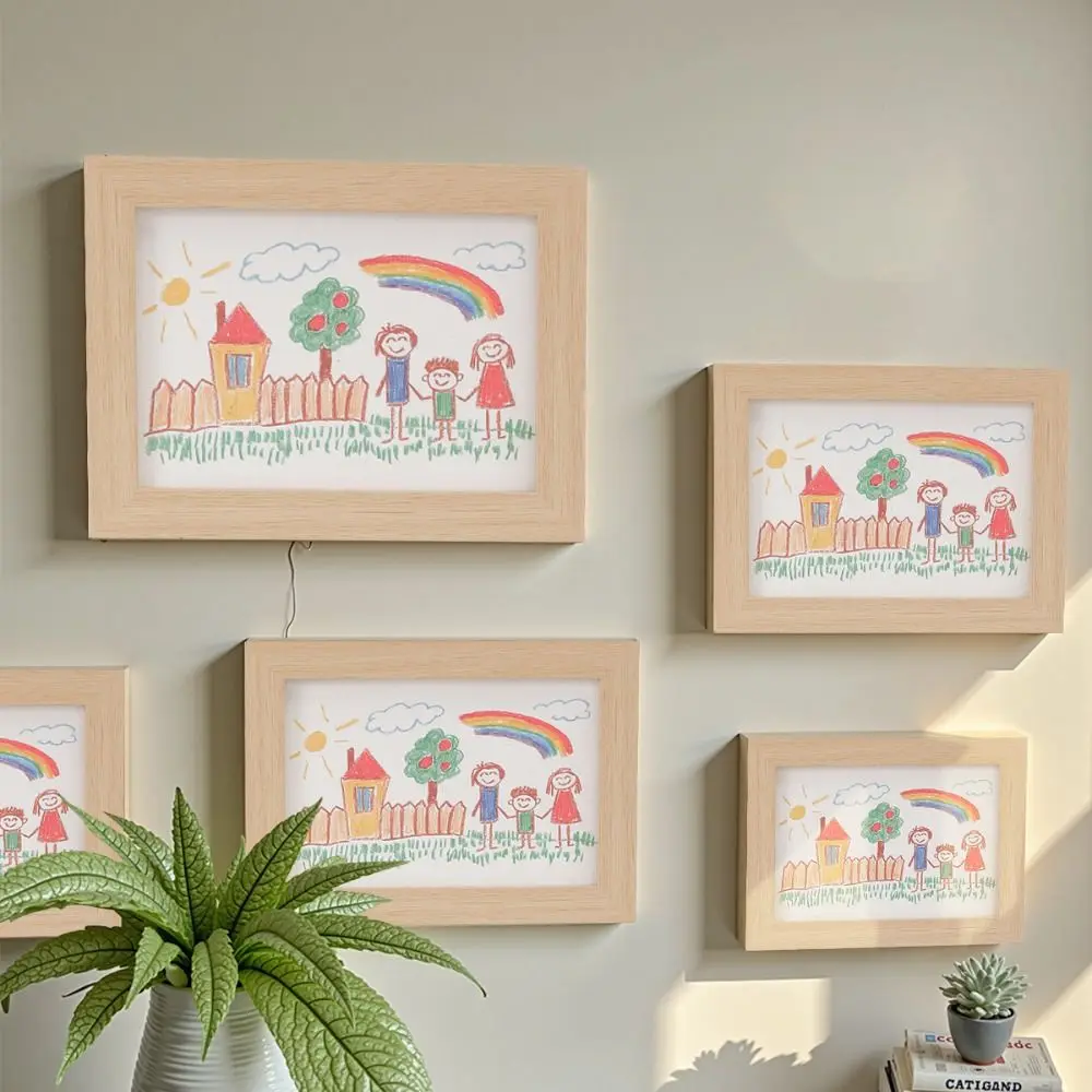 Wall Decoration Wooden Kids Art Frame Changeable Rotatable Cards Display Holder Family Portraits Memorial Photo Frame for Kids
