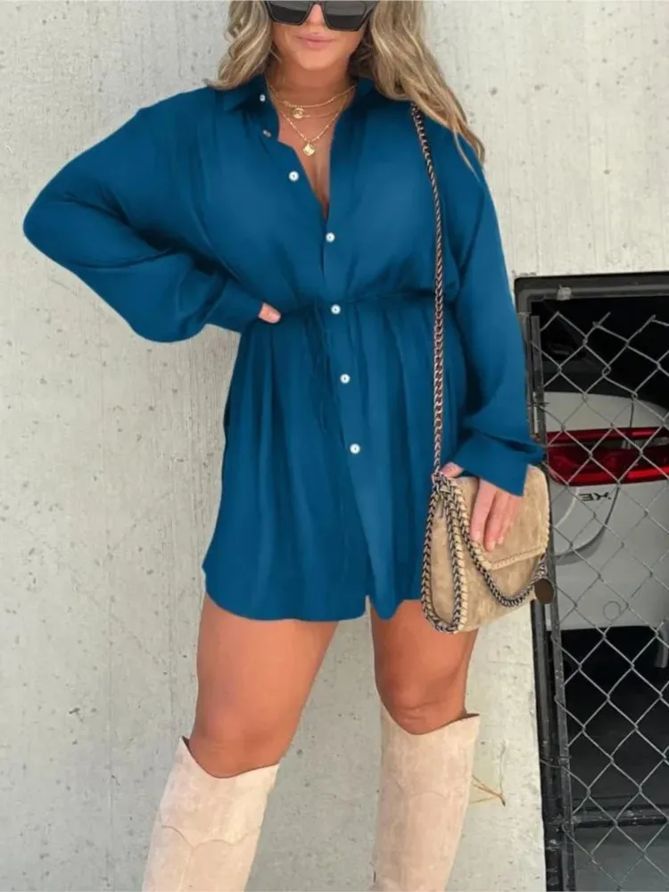 Solid Color Single-breasted Shirts Jumpsuits Women Long Sleeve Solid Color Casual Jumpsuit Shorts Fashion Office Ladies Bodysuit