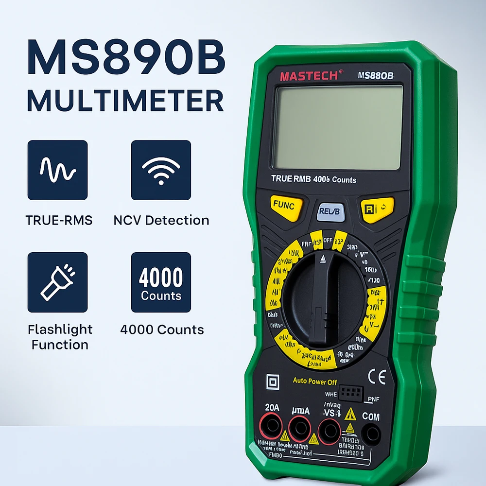 MS890B True RMS Digital Multimeter 4000 Counts NCV Auto Power Off AC DC Voltage Current Resistance Tester Continuity