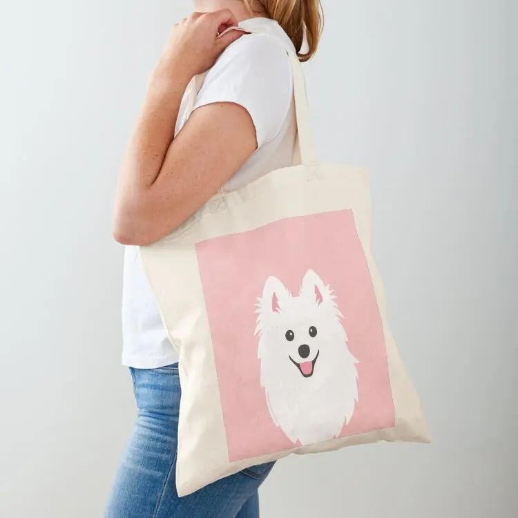 

Happy Japanese Spitz Dog - Pastel Coral Pink Tote Bag hand bag ladies shoping bag Customizable tote Handbags