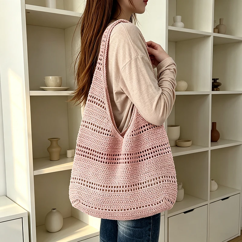 Hohlgestrickte Unterarm-Schultertasche, koreanische Damen-Handtasche, süß, niedlich, schlicht, einfarbig, gewebte Handtasche, lässige Tragetasche für Pendeln und Reisen – Detail 13
