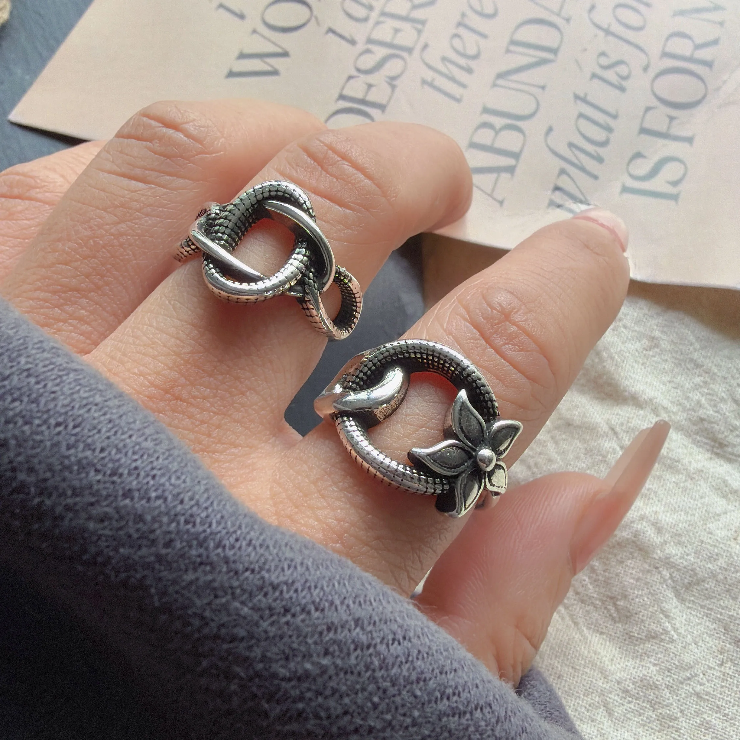 خواتم من الفضة الإسترليني عيار 925 للنساء زوجين الحد الأدنى اليدوية بسيطة كبيرة الرجعية حلقة متشابكة غرامة مجوهرات هدية منع الحساسية