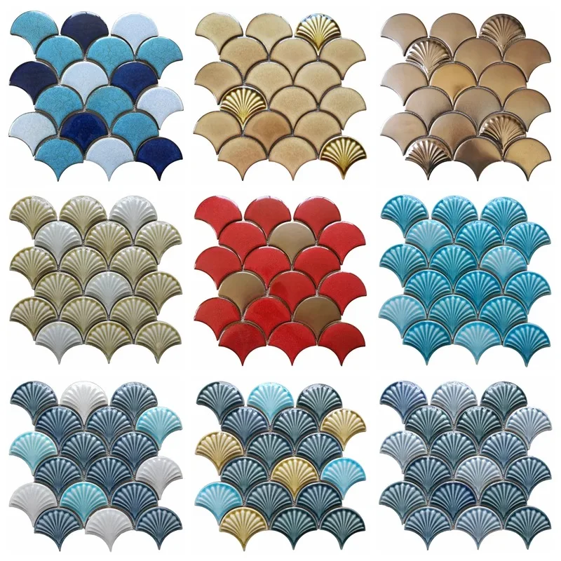 30cm Fan Shape Mosaic Ceramic Personality DIY Background Wall Bathroom Homestay Pool Kitchen Bathroom Wall Paper Home Decoration