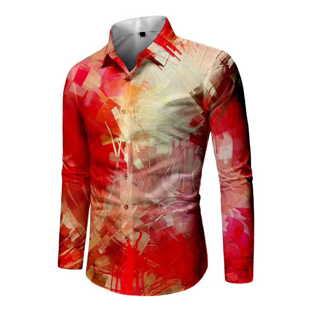 Fashionable 3D printed colorful design art pattern men's slim fit casual summer collar button comfortable long sleeved shirt