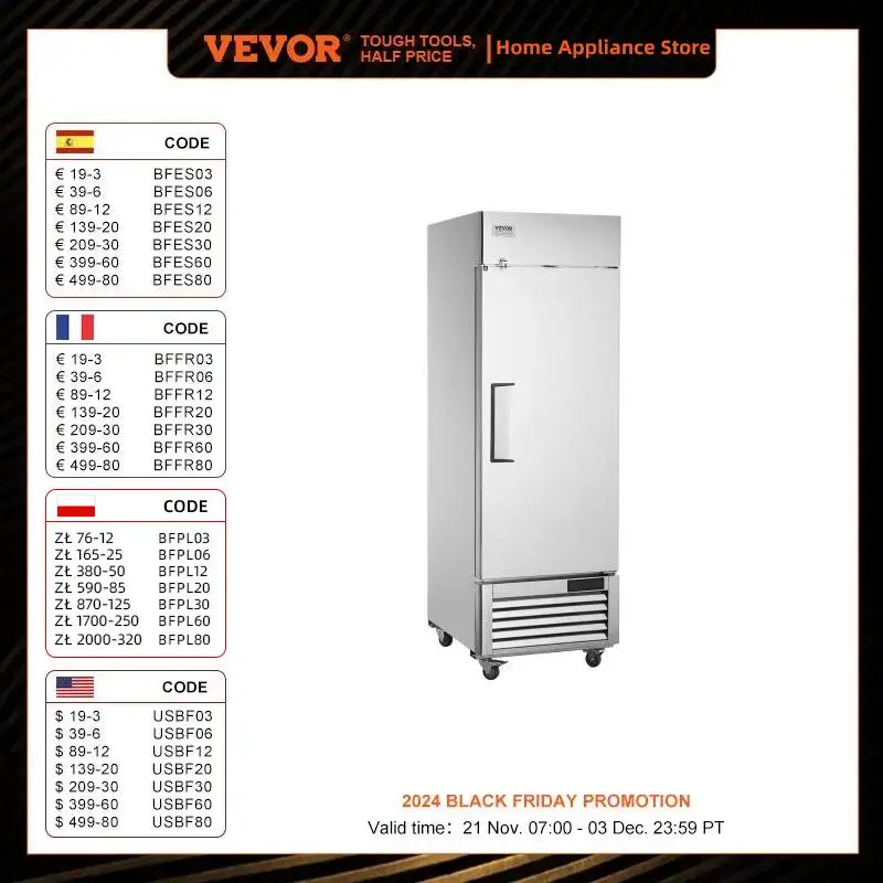 VEVOR Commercial Refrigerator 19 Cu.ft, Reach In Upright Refrigerator Single Door, Auto-Defrost Stainless Steel Reach-in Cooler