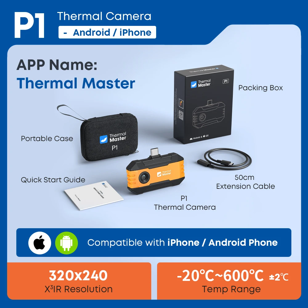 (iOS Android) P1 Wärmebildkamera 320*240 Rasiermesserscharfes Wärmebild 600 ℃ Hochtemperatur-USB-C-Infrarot-Wärmebildkamera für HVAC/Gebäude-/Elektroinspektion für iPhone und Android Smartphones mit