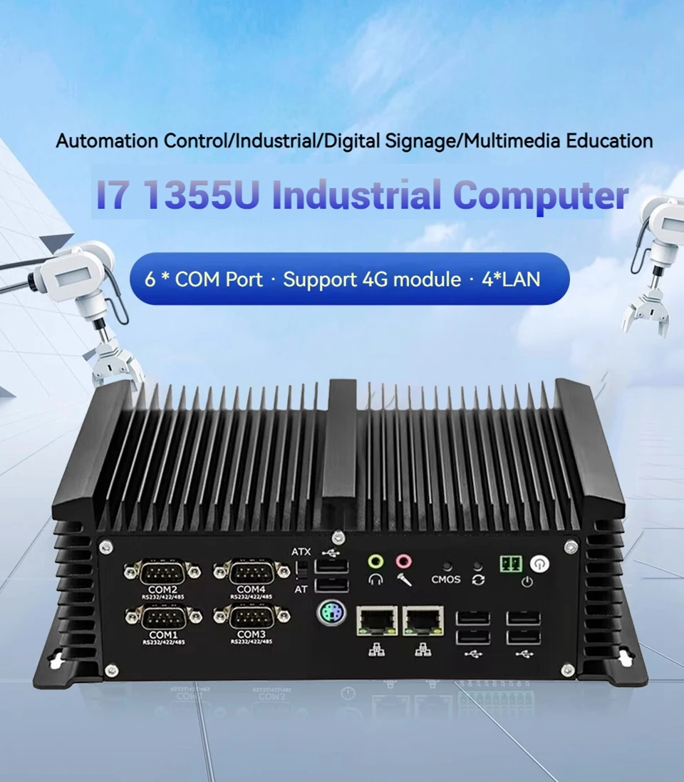 Fanless Industrial Computer 4LAN 6 COM Ports Core i7 1355U Automation Control/lndustrial/Digital Signage/Multimedia Education 4G