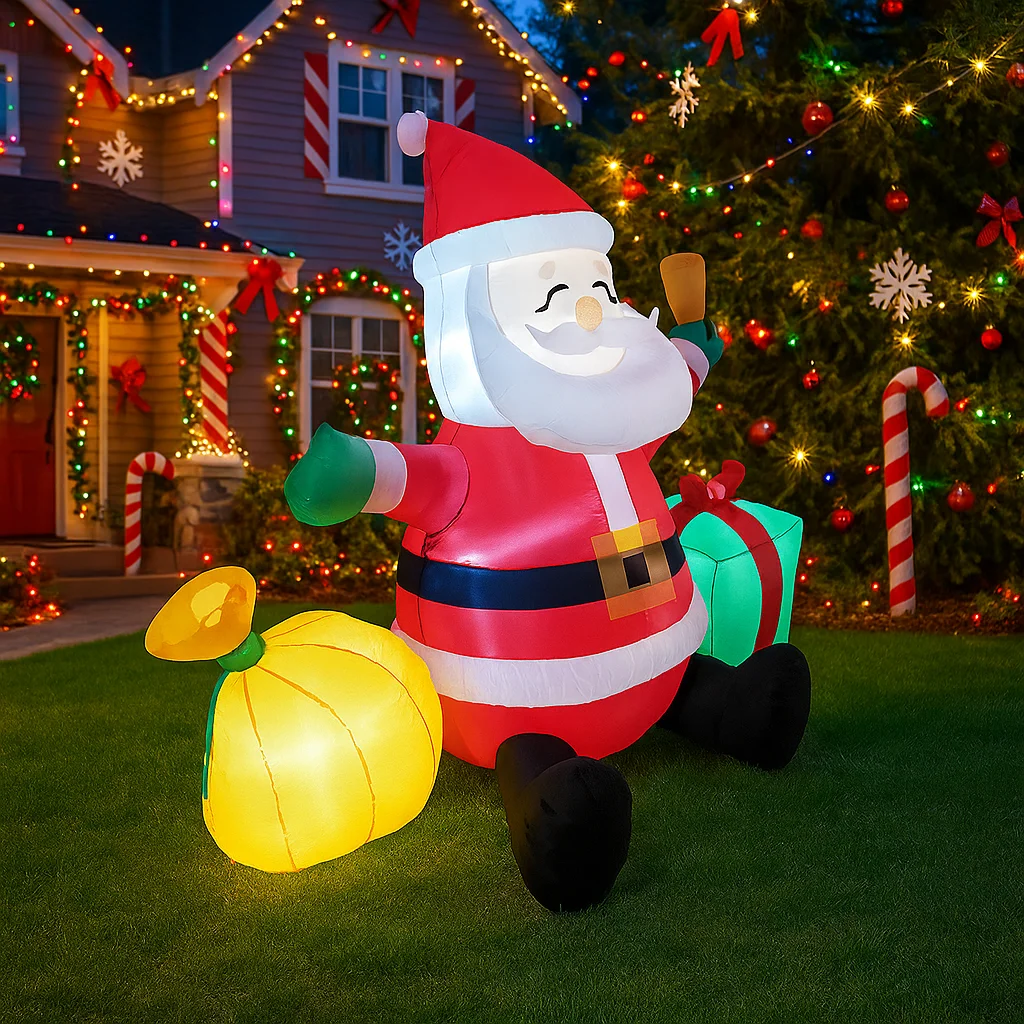 5피트 크리스마스 장식품, 쿠키를 든 산타클로스와 선물 가방 장난감, LED 장식이 있는 집 마당 장식품