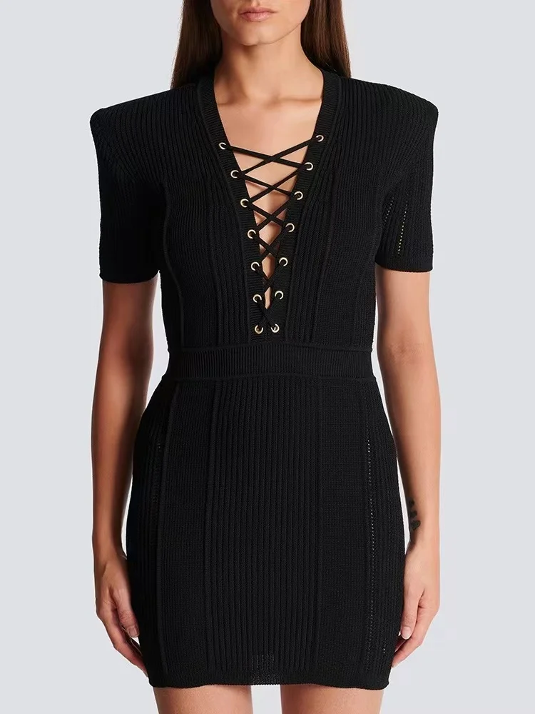 

Высокое качество SML 3-цветное эластичное трикотажное облегающее женское платье с v-образным вырезом и короткими рукавами