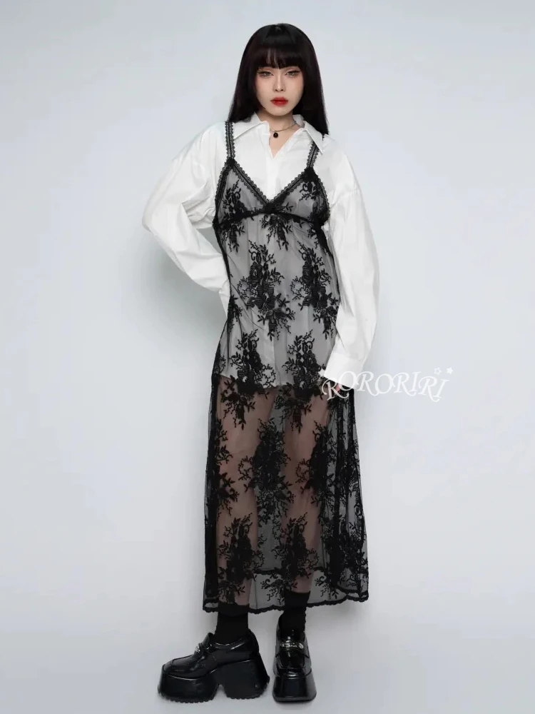 RORORIRI Floral Lace Sheer Smocked Long Dress Women Wave Trim V-neck Solid Black Sleeveless One-piece Goth Punk Vintage Clothes