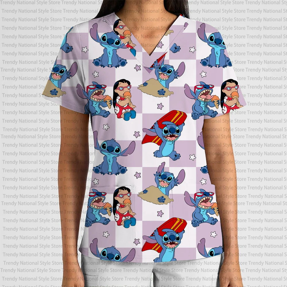 New Summer Women's High Quality Disney Stitch Cartoon Print V-Neck Frosted Top Dental Pet Shop Versatile Breathable T-shirt