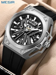 MEGIR Men's Mechanical Watches 2024 Series Fashion Black Automatic Movement Skeleton Dial Wrist Watch 5ATM Waterproof Timepiece