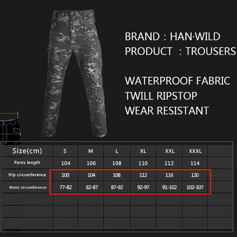 HAN WILD Tactical Waterproof Sweatpants Cargo Streetwear Trousers Men's Outdoor Sports Trekking Camping Fishing Pants 3XL