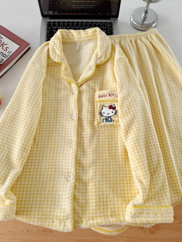 Зимний пижамный комплект с клетчатым принтом «Hello Kitty», новый пижамный костюм с героями мультфильмов, теплый корейский милый плюшевый домашний комплект Y2K, милая одежда для сна