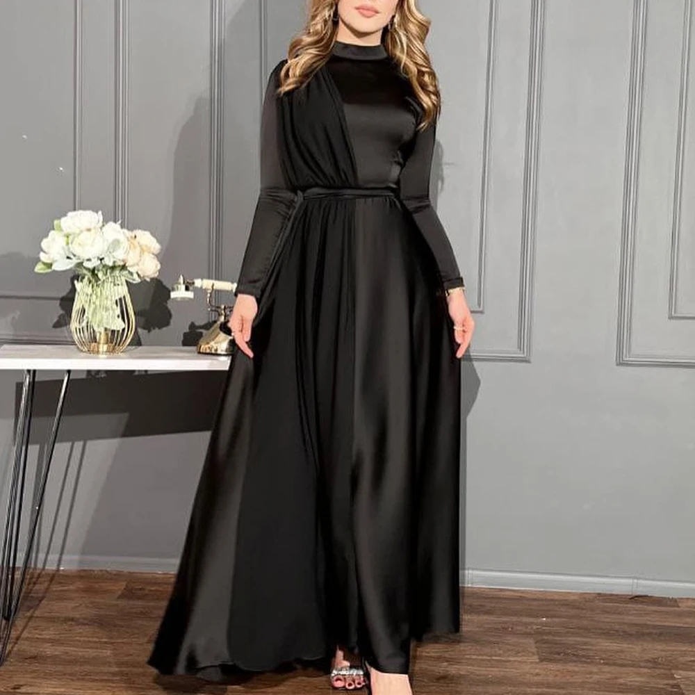 

A-Line Floor Length High Neckline Jersey Long Sleeves Pleats Evening Dress Special Occasion Gown Elegant and Temperament