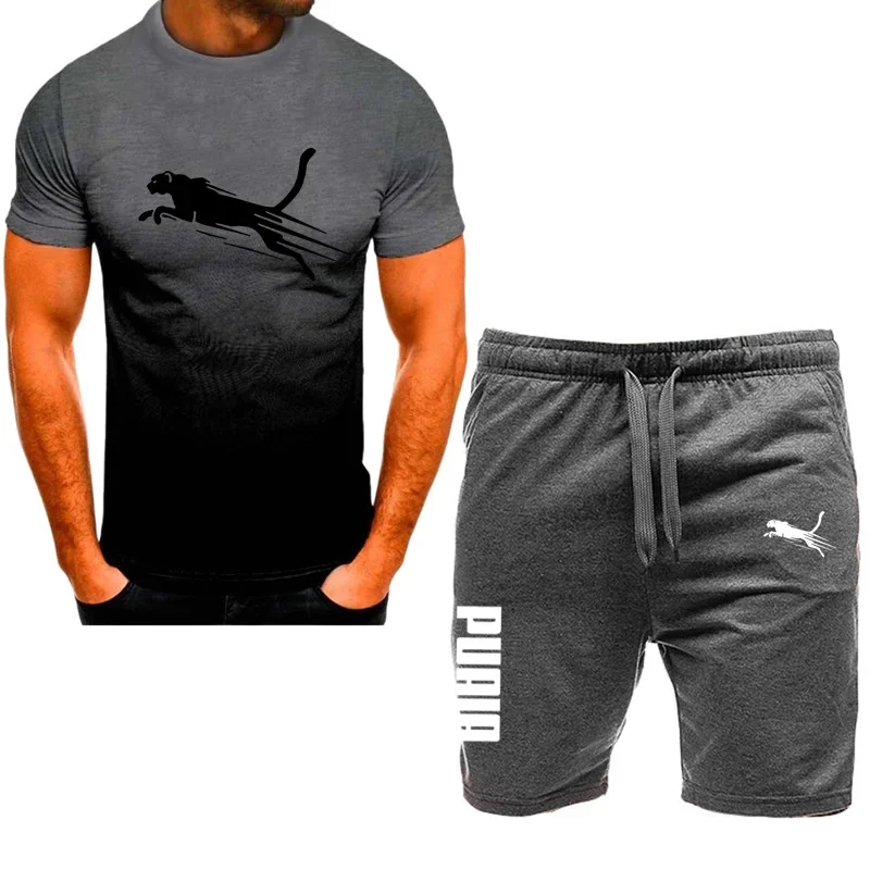 Men\'s casual sportswear set, fashionable downgraded T-shirt and shorts, quick drying sportswear, 2-piece set with short sleeves