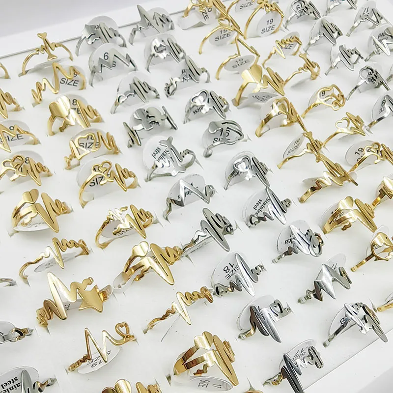 20pcs/Lot Wholesale Fashion Heart Lightning Stainless Steel Finger Rings for Women Men Mix Style Hollow Love Jewelry Party Girl