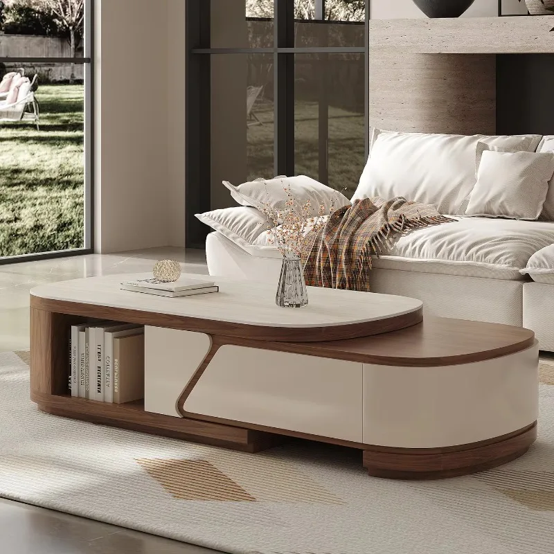 Modern-style Living Room Features a Retractable Coffee Table with a Marble Top and Storage Drawers