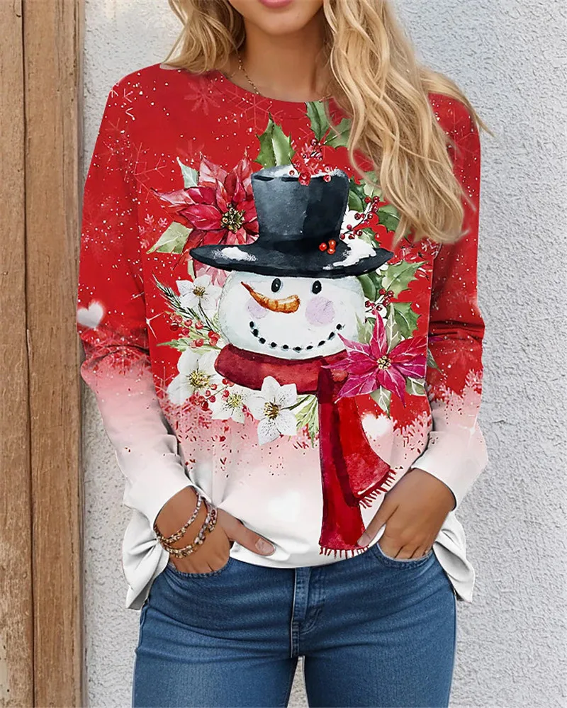 Kerst Sneeuwpop Patroon Vrouwen Mode T-Shirts Herfst Winter Lange Mouw 3d Geprint Street Tie-Dye Kerst Tops 3xl Grote Maat